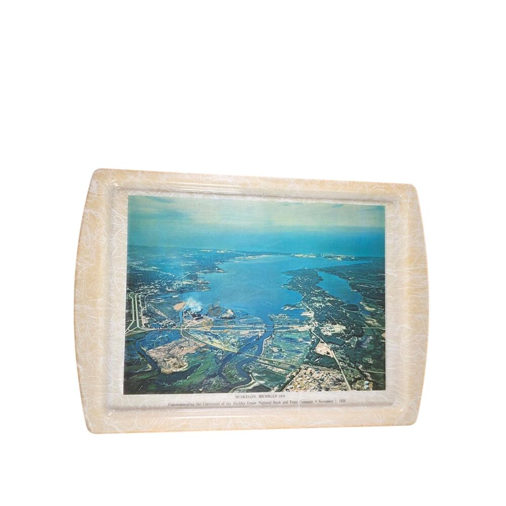 Vintage 1970 Hackley Bank Muskegon Michigan Lake Michigan Serving Tray